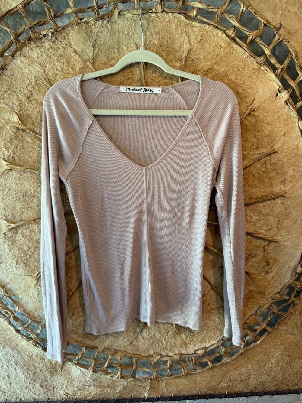 🤍 Michael Stars Ribbed V-Neck Top | Blush/Mauve | Raglan Sleeve | One Size